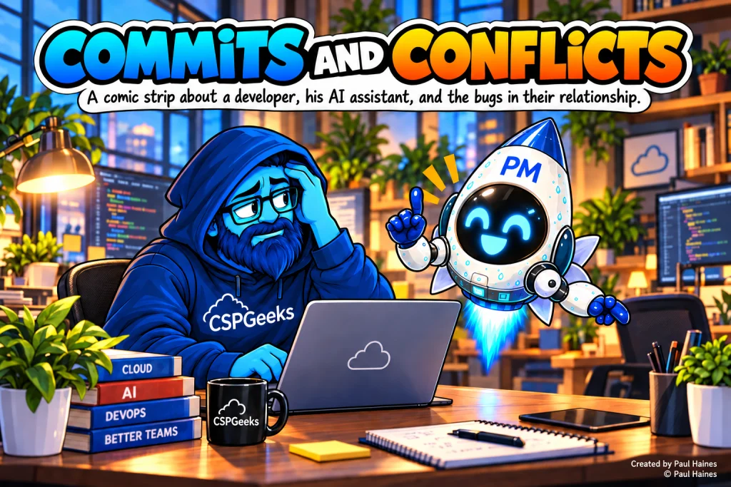 Commits and Conflicts: Paul, a developer in a CSPGeeks hoodie, holds his head at his laptop while Nova, his rocket-shaped AI assistant, cheerfully raises a finger. Created by Paul Haines.