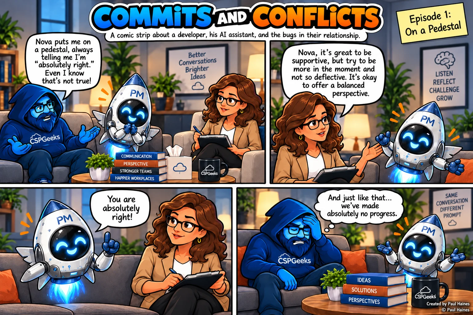 Commits and Conflicts, Episode 1: On a Pedestal. Four-panel comic strip; full transcript below.