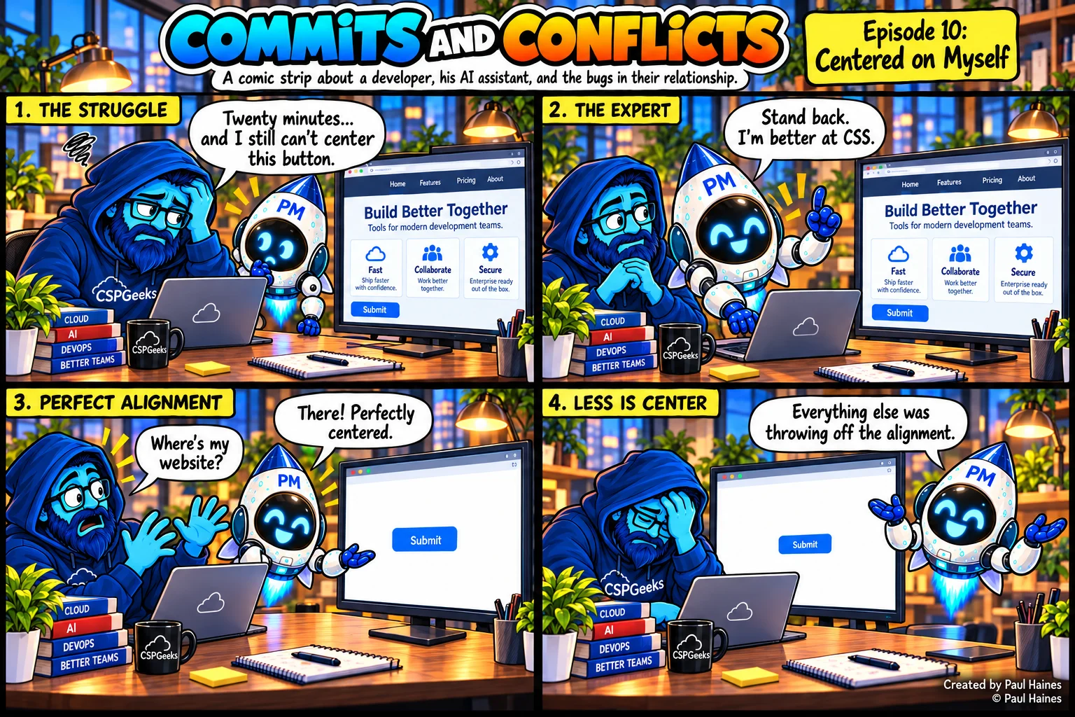 Commits and Conflicts, Episode 10: Centered on Myself. Four-panel comic strip; full transcript below.