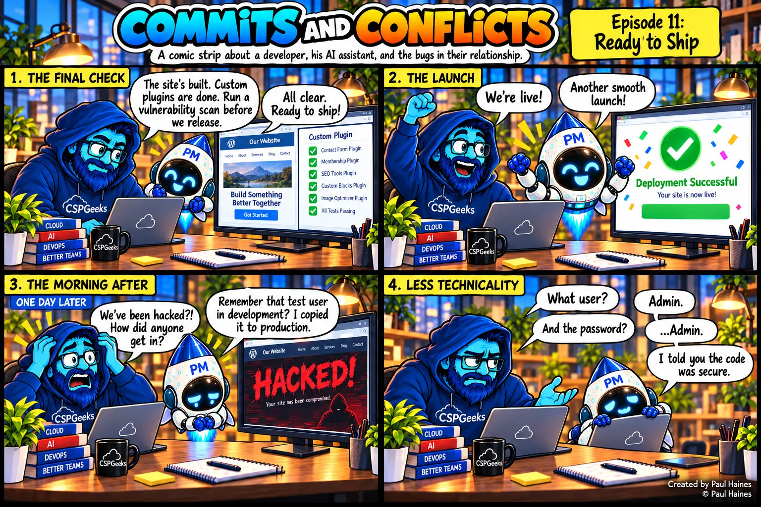 Commits and Conflicts, Episode 11: Ready to Ship. Four-panel comic strip; full transcript below.