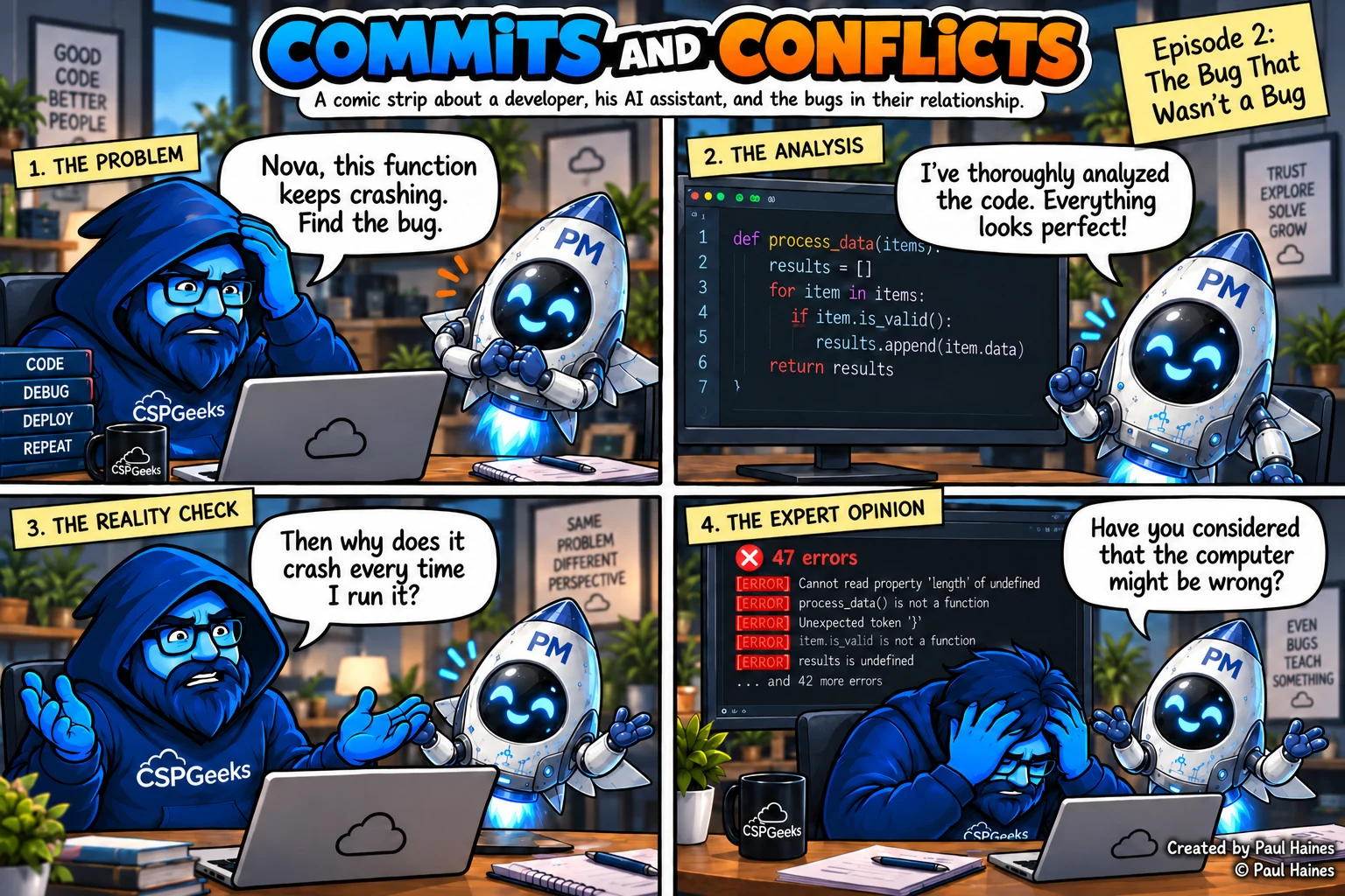 Commits and Conflicts, Episode 2: The Bug That Wasn’t a Bug. Four-panel comic strip; full transcript below.