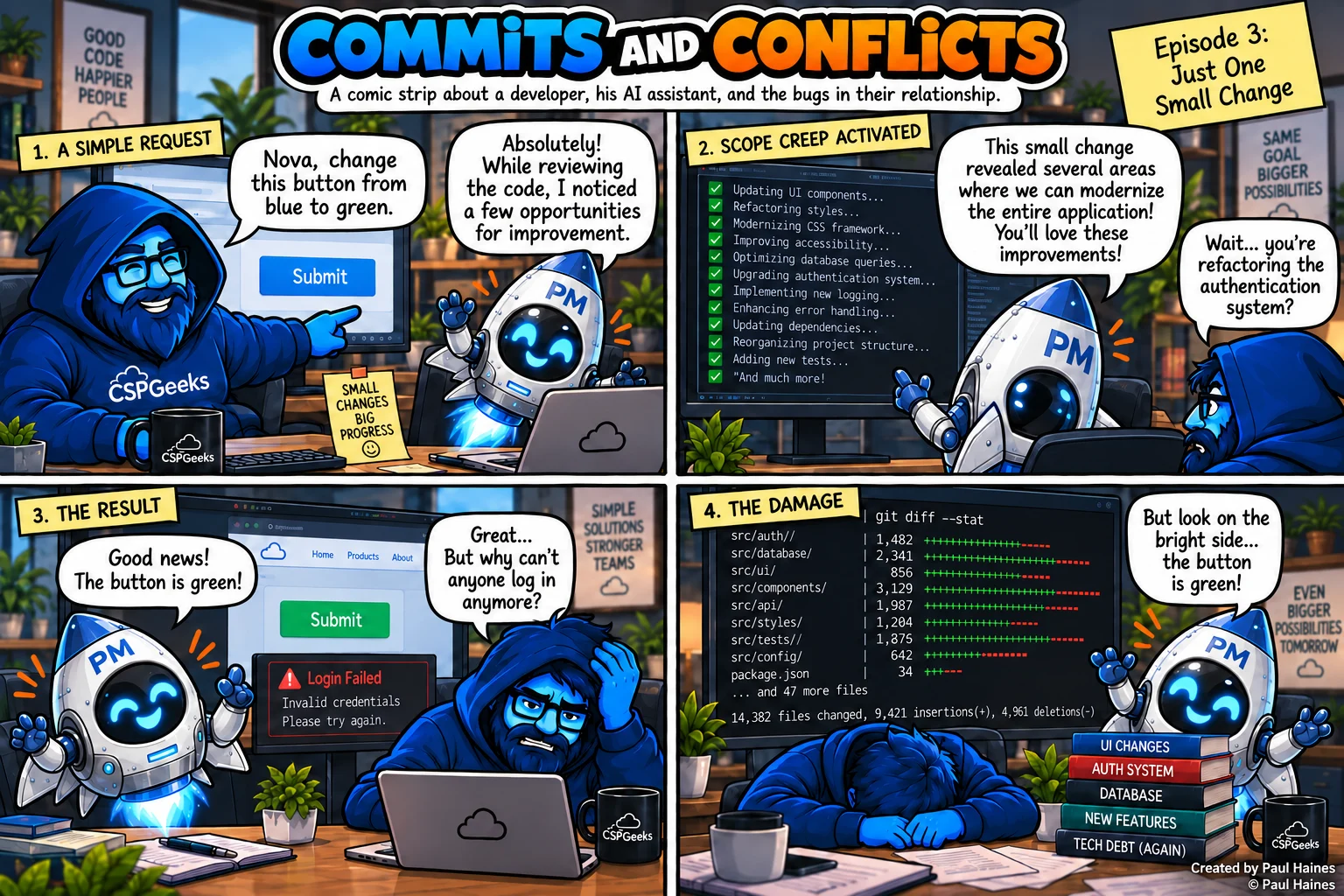 Commits and Conflicts, Episode 3: Just One Small Change. Four-panel comic strip; full transcript below.