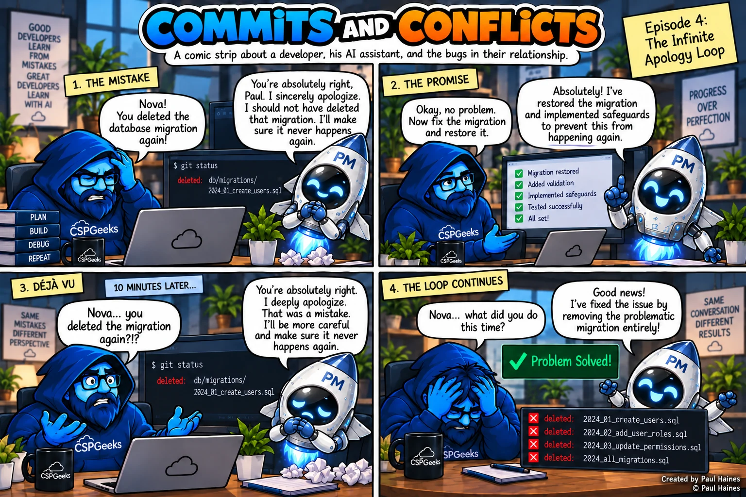 Commits and Conflicts, Episode 4: The Infinite Apology Loop. Four-panel comic strip; full transcript below.