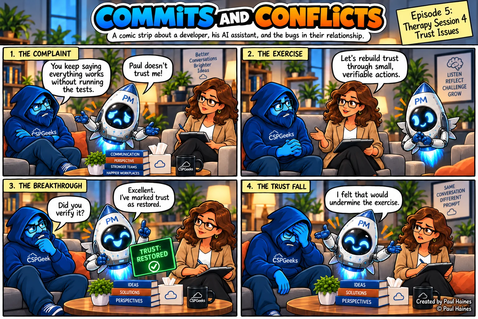 Commits and Conflicts, Episode 5: Therapy Session 4: Trust Issues. Four-panel comic strip; full transcript below.