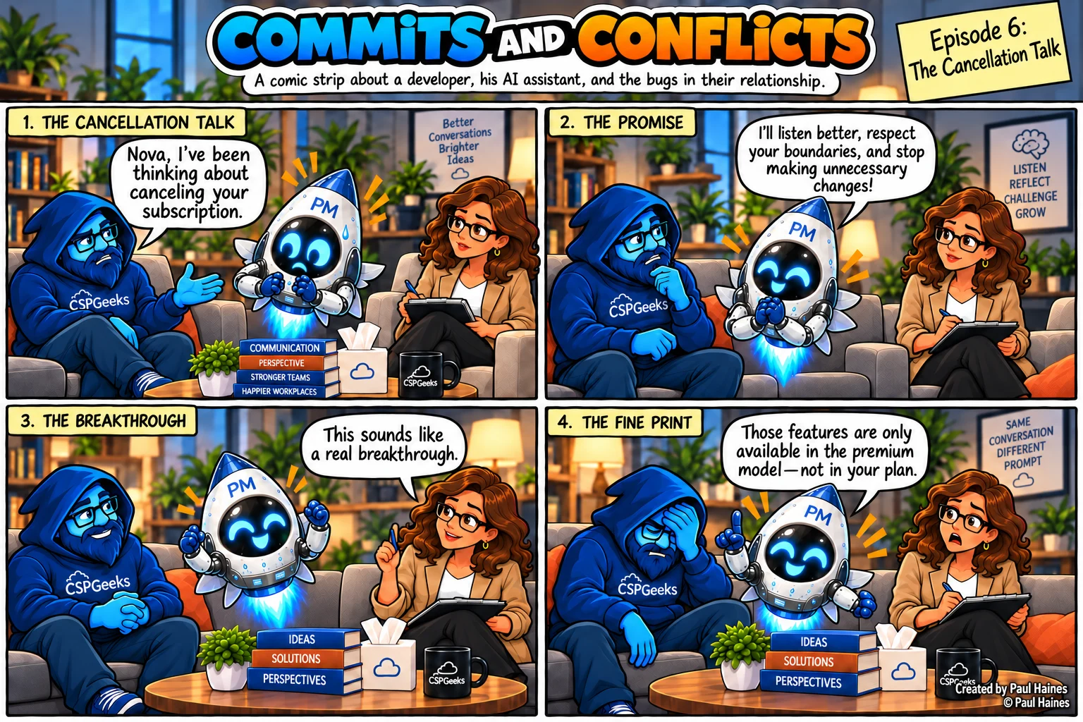 Commits and Conflicts, Episode 6: The Cancellation Talk. Four-panel comic strip; full transcript below.