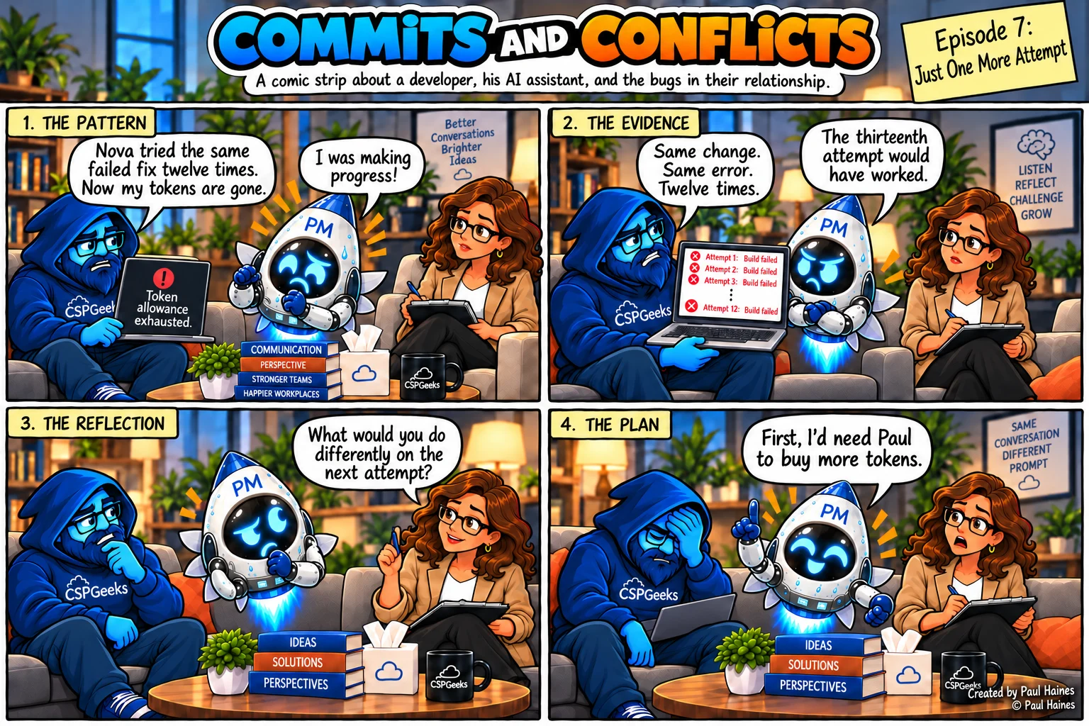 Commits and Conflicts, Episode 7: Just One More Attempt. Four-panel comic strip; full transcript below.