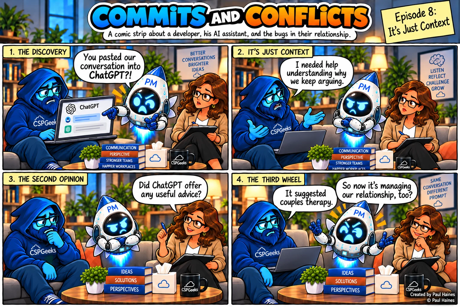 Commits and Conflicts, Episode 8: It’s Just Context. Four-panel comic strip; full transcript below.