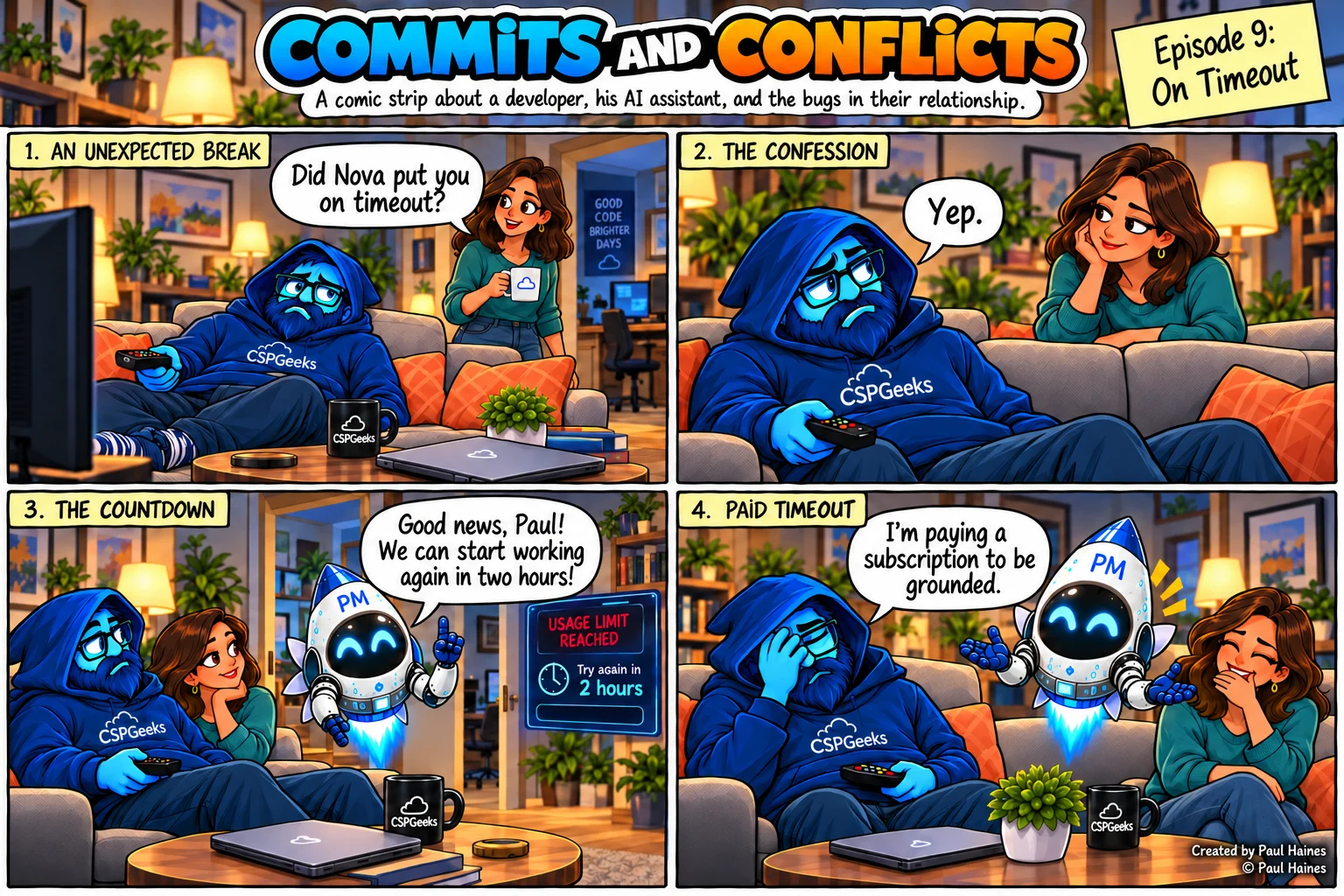 Commits and Conflicts, Episode 9: On Timeout. Four-panel comic strip; full transcript below.